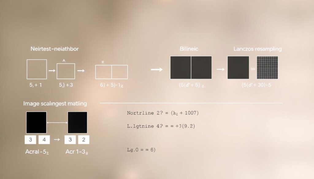 A detailed technical diagram showcasing various image scaling methods, including nearest-neighbor, bilinear, bicubic, and Lanczos resampling. The diagram is rendered with a clean, minimalist aesthetic against a soft, blurred background, allowing the scaling techniques to be the focal point. The foreground features clearly labeled icons and visualizations demonstrating the key differences between the scaling algorithms, while the middle ground incorporates relevant mathematical formulas and parameters. The overall mood is one of informative clarity, guiding the viewer through the nuances of image scaling optimization for optimal jAlbum performance.