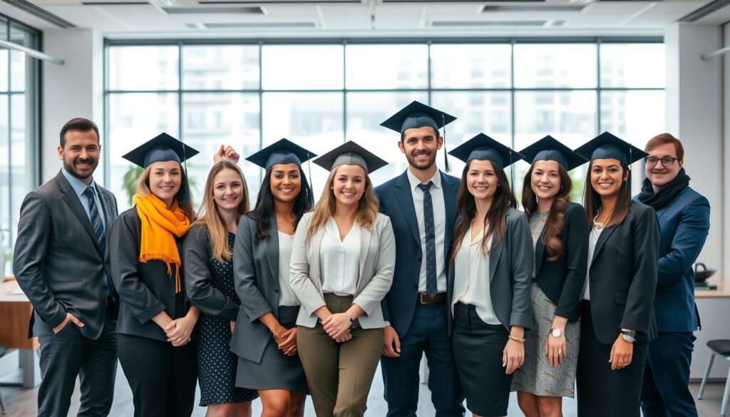 A diverse group of confident, well-dressed individuals standing together in a modern, well-lit office setting. The graduates, both men and women, exude an air of professionalism and success, their faces expressing a sense of pride and accomplishment. The background features clean lines, minimalist decor, and large windows that flood the space with natural light, creating an atmosphere of sophistication and opportunity. The image captures the transformative impact of Alison's management courses, showcasing how the graduates have emerged as leaders, ready to take on new challenges and drive positive change in their careers.