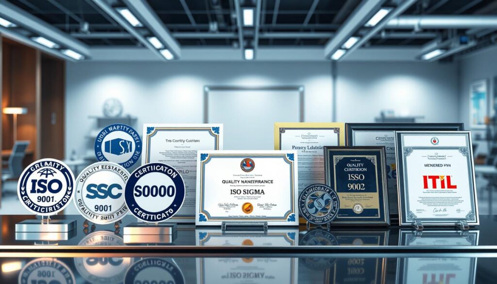 A high-quality, detailed image of various quality management certifications arranged in a visually appealing layout. The foreground features a selection of well-known certification logos such as ISO 9001, Six Sigma, Lean, and ITIL, displayed on metal or glass surfaces with realistic reflections and shadows. The middle ground showcases certificates, awards, and plaques, meticulously rendered to convey a sense of professionalism and achievement. The background depicts a clean, modern office environment with minimalist decor, subtle lighting, and a neutral color palette to place the focus on the certifications. The overall composition should strike a balance between the practical display of the certifications and an aesthetic, editorial-style presentation.