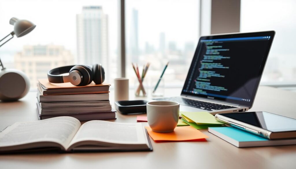 A modern and minimalist workspace with a laptop, tablet, and various technology-focused learning resources. The foreground features a stack of open books, a cup of coffee, and a set of wireless headphones, conveying a focused and productive atmosphere. The middle ground showcases a sleek laptop with lines of code on the screen, surrounded by colorful post-it notes and a pen holder. The background is clean and uncluttered, with a large window providing natural lighting and a glimpse of the city skyline, creating a sense of openness and inspiration. The overall mood is one of efficiency, learning, and the pursuit of technological knowledge.