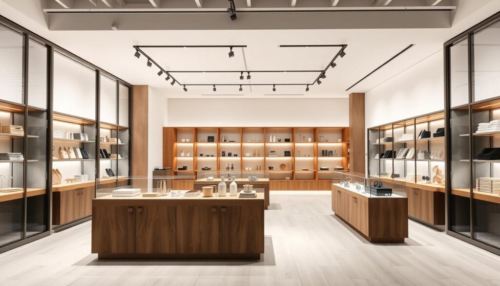 A modern, minimalist Shopify store design with a clean, airy layout. The storefront features large windows showcasing the products, framed by sleek metal accents. In the foreground, a central display counter made of natural wood and brushed steel, with carefully curated products arranged on it. Overhead, a subtle track lighting system illuminates the space with a warm, inviting glow. The middle ground shows shelving units lining the walls, displaying additional merchandise in an organized, visually appealing manner. The background features a neutral color palette of whites, grays, and light wood tones, creating a calming, professional atmosphere. The overall aesthetic is sophisticated, user-friendly, and reflective of a high-quality Shopify store experience.