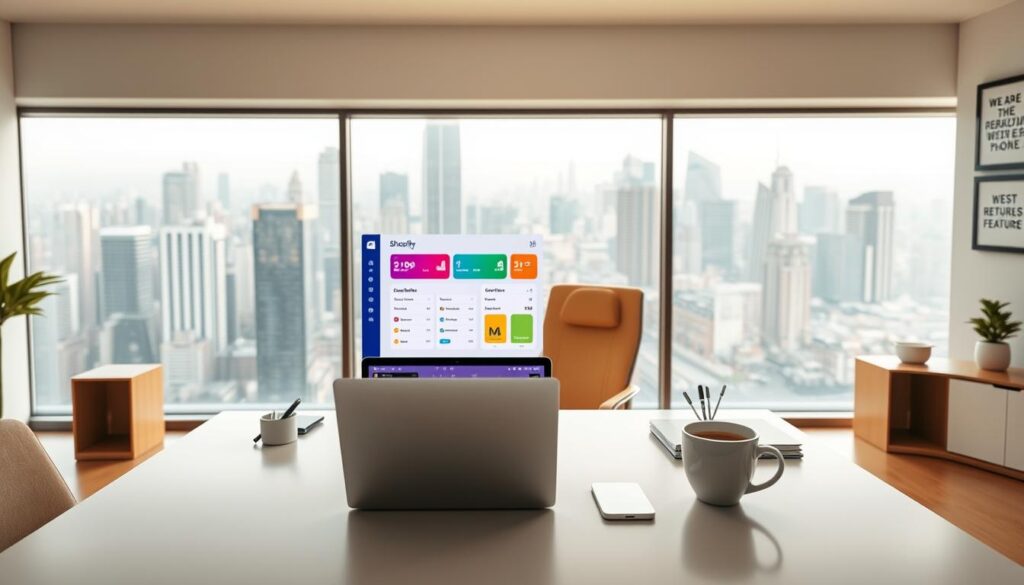 A modern, minimalist office setting with a large, panoramic window overlooking a bustling city skyline. In the foreground, a sleek, white desk with a laptop, a cup of coffee, and a few carefully curated office supplies. On the laptop screen, a series of vibrant Shopify dashboard updates are displayed, showcasing the latest features and analytics. The middle ground features a comfortable, ergonomic office chair in a complementary color, and several framed inspirational quotes adorn the walls. The background is softly lit, with warm, diffused lighting creating a productive and creative atmosphere.