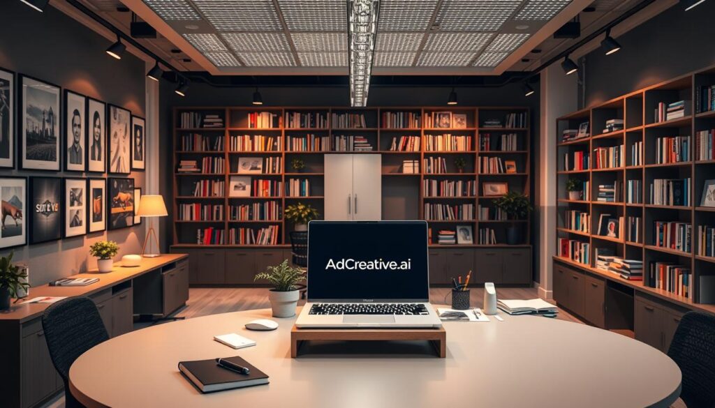 A modern office workspace with a large, curved desk at the center. On the desk, a sleek laptop displays the AdCreative.ai logo, surrounded by various office supplies and a potted plant. The walls are lined with framed artwork and shelves filled with books, creating a professional yet creative atmosphere. Warm, directional lighting from ceiling fixtures casts a soft glow across the scene. The overall impression is one of a thriving, technology-driven business that values design and innovation.