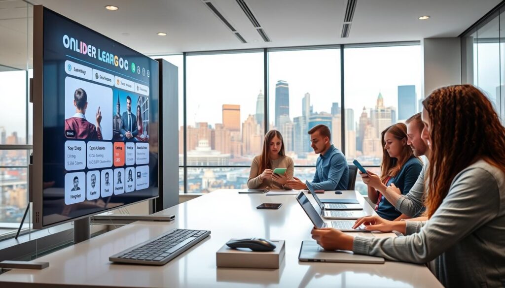 A modern, well-lit online learning platform with a clean, intuitive interface. In the foreground, a large display showcases interactive course content, with icons and buttons for navigation. In the middle ground, several learners are engaged with their devices, taking notes and participating in discussions. The background features a vibrant city skyline, suggesting a connection to the real world and practical application of the knowledge gained. The lighting is soft and natural, creating a welcoming and productive atmosphere. The overall scene conveys a sense of empowerment, creativity, and leadership development.