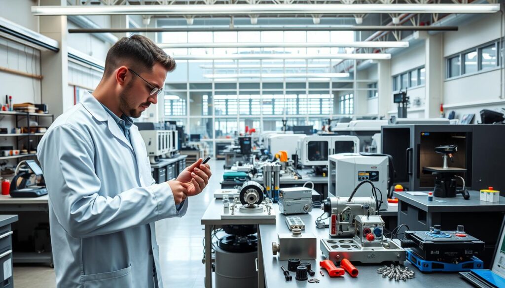 A serene, modern workshop filled with various manufacturing tools and equipment. In the foreground, an engineer in a crisp white lab coat examines a newly fabricated part under bright, directional lighting. The middle ground showcases an array of precision instruments, 3D printers, and CNC machines, all neatly organized and gleaming. In the background, large windows provide a glimpse of an expansive, well-equipped facility, hinting at the breadth of educational resources available. The overall atmosphere conveys a sense of technical proficiency, innovation, and the promise of a rewarding career in the dynamic field of manufacturing.