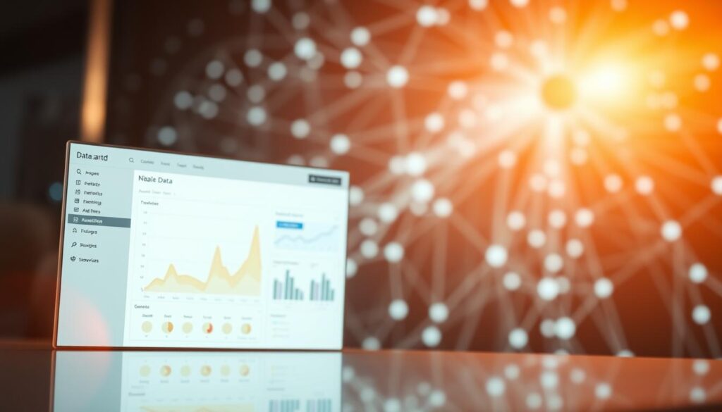 A sleek, minimalist data dashboard lit by warm, directional lighting, showcasing a clean interface with concise data visualizations. The foreground features a high-resolution graph or chart highlighting key performance metrics, surrounded by a crisp, elegant white-and-silver GUI. In the middle ground, a subdued sidebar displays navigation options and filter controls. The background depicts a blurred, kaleidoscopic pattern of interconnected data points and nodes, suggesting the depth and complexity of the platform. The overall aesthetic is one of sophistication, efficiency, and technological mastery, capturing the essence of a comprehensive, enterprise-grade data evaluation tool.