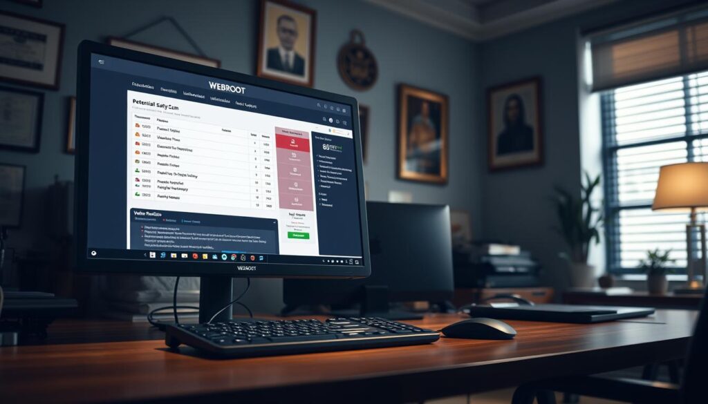 A spacious, well-lit workstation with a large desktop computer displaying the detailed results of a WEBROOT security scan. In the foreground, the computer screen shows a comprehensive report highlighting potential threats, vulnerabilities, and recommended actions. The middle ground features a professional-grade keyboard and mouse, conveying a sense of a seasoned cybersecurity expert's workspace. The background subtly blends office decor, including framed certificates and awards, suggesting a trusted, authoritative environment for the WEBROOT security solution. The overall scene emanates a tone of diligence, expertise, and the importance of thorough threat detection and mitigation.