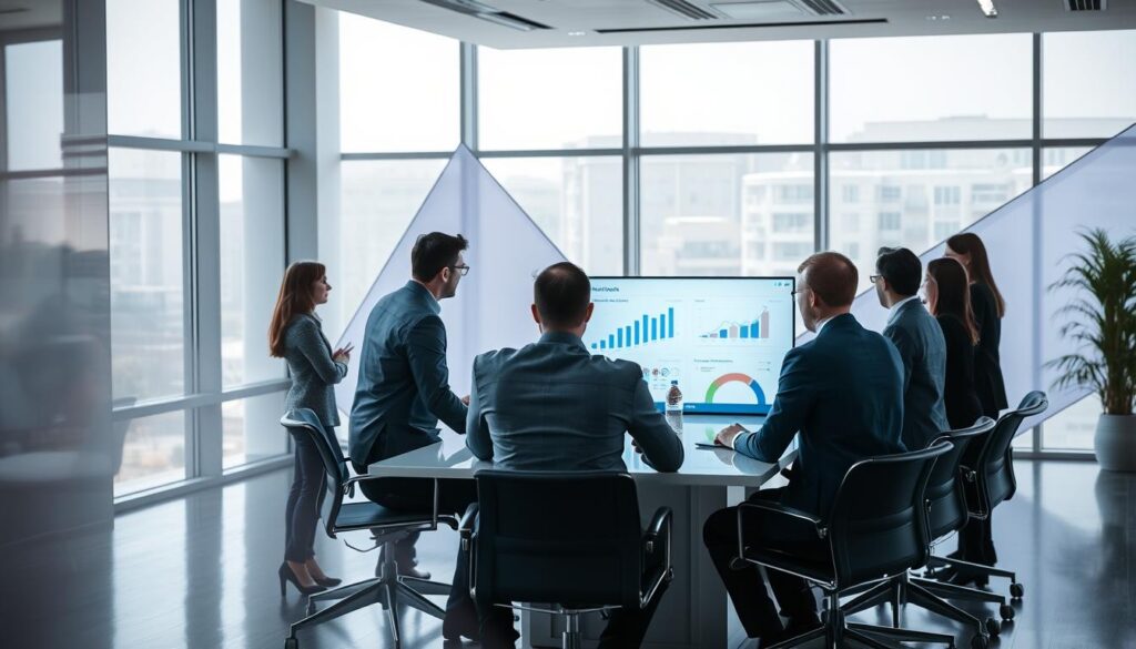 A strategic planning session in a modern office setting. In the foreground, a team of business executives gathered around a sleek conference table, engaged in a lively discussion, their faces illuminated by the soft glow of a large screen displaying a detailed market analysis. Midground, the room is filled with natural light streaming through floor-to-ceiling windows, providing a sense of openness and clarity. In the background, abstract geometric shapes and clean lines suggest a progressive, forward-thinking atmosphere. The overall mood is one of thoughtful deliberation, with a touch of subtle dynamism, conveying the importance of strategic planning in today's competitive business landscape.