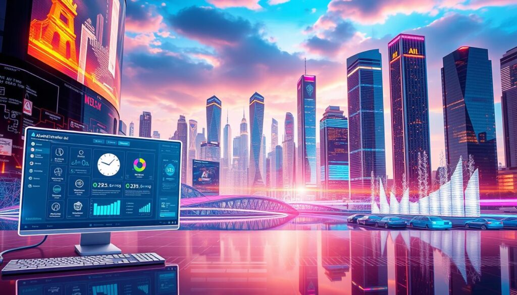 A vibrant, visually striking digital landscape showcasing the key benefits of AdCreative.ai. In the foreground, a dynamic interface displaying various AI-powered ad creation tools, with sleek icons and intuitive controls. The middle ground features shimmering data visualizations, charts, and graphs illustrating the platform's performance metrics and optimization capabilities. In the background, a futuristic cityscape with towering skyscrapers, reflective surfaces, and a warm, inviting color palette, symbolizing the advanced technology and seamless integration of AdCreative.ai. The overall atmosphere conveys a sense of innovation, efficiency, and the transformative power of AI-driven advertising solutions.