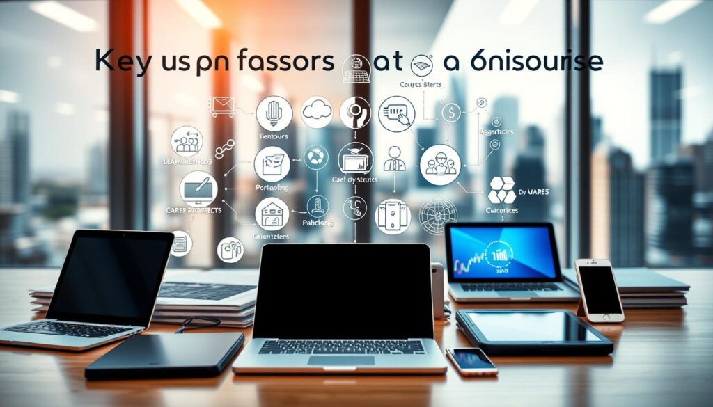 A well-lit and dynamic scene depicting the key factors to consider when choosing technology courses. In the foreground, an array of technical devices like laptops, tablets, and smartphones are arranged in an organized manner, representing the various course options. In the middle ground, icons and infographic elements showcase factors such as course content, learning methods, career prospects, and cost considerations. The background features a blurred cityscape, hinting at the real-world applications and industry relevance of the chosen technology courses. The overall composition conveys a sense of careful deliberation and thoughtful decision-making in the course selection process.