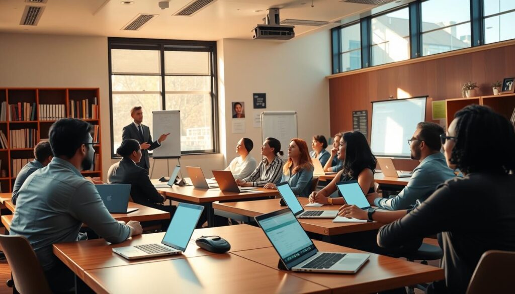 A well-lit classroom setting with a group of diverse professionals engaged in a quality management training session. Sunlight filters through large windows, casting a warm glow across the scene. In the foreground, the trainer stands at the head of the class, using a projector screen to illustrate key concepts. Attendees sit at sturdy wooden desks, laptops and notepads open, focused expressions on their faces. The background features bookshelves, motivational posters, and a sense of professionalism and productivity. The overall mood is one of collaborative learning, with an emphasis on practical application of quality management principles.