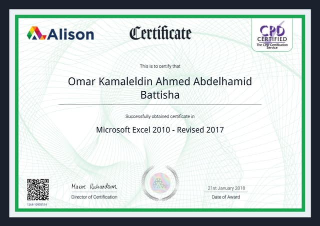 Alison certificate - Microsoft Excel | PPT