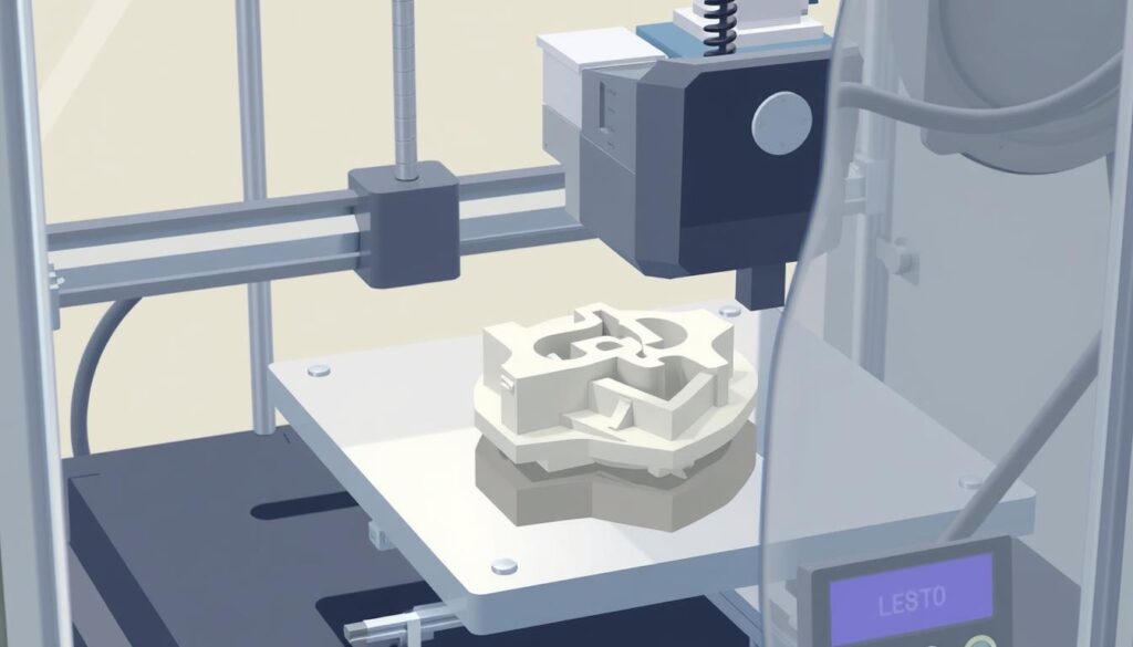 An image of a 3D printer creating a complex product