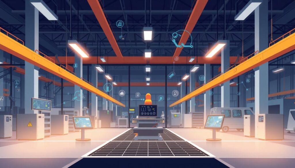 An image of a smart manufacturing facility with IoT devices