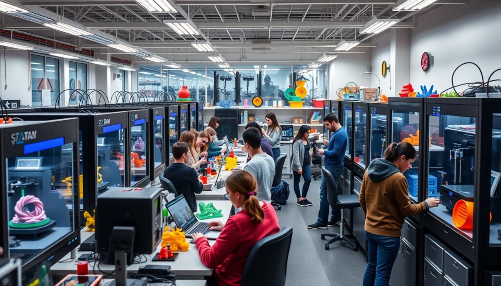Generate an image of a 3D printing lab with students working on additive manufacturing projects.