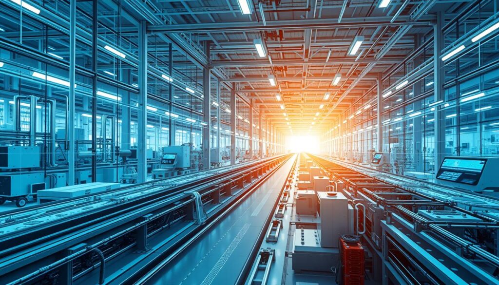 Generate an image of a futuristic manufacturing facility with digital technologies integrated into the production line.
