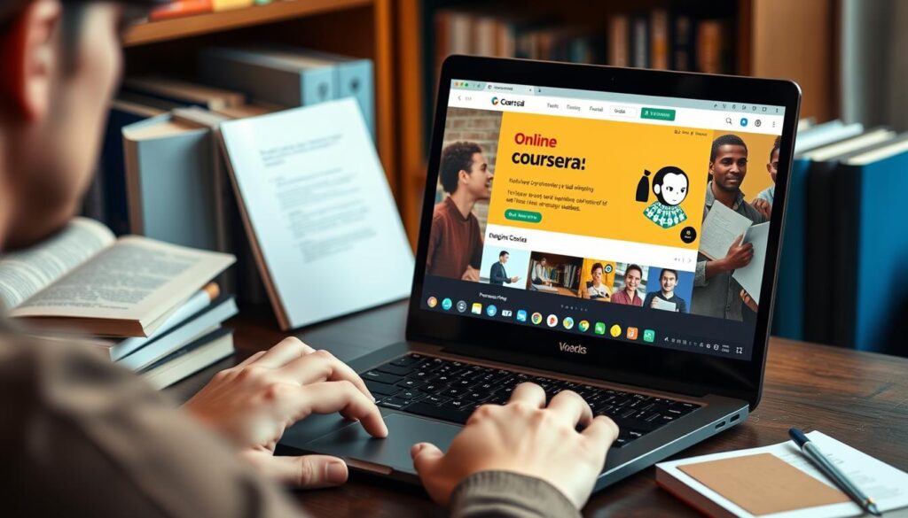 Generate an image of a person learning on a laptop with a Coursera course on the screen.