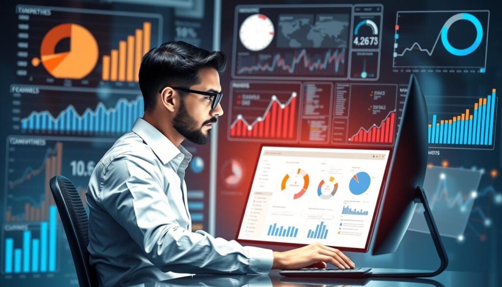 Generate an image representing Business Intelligence and Analytics in action, such as a professional analyzing data on a computer.