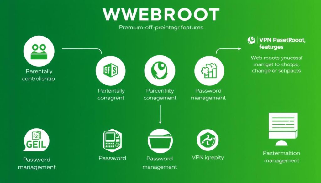 Generate an image representing WEBROOT's premium features, including parental controls, password management, and VPN configuration.