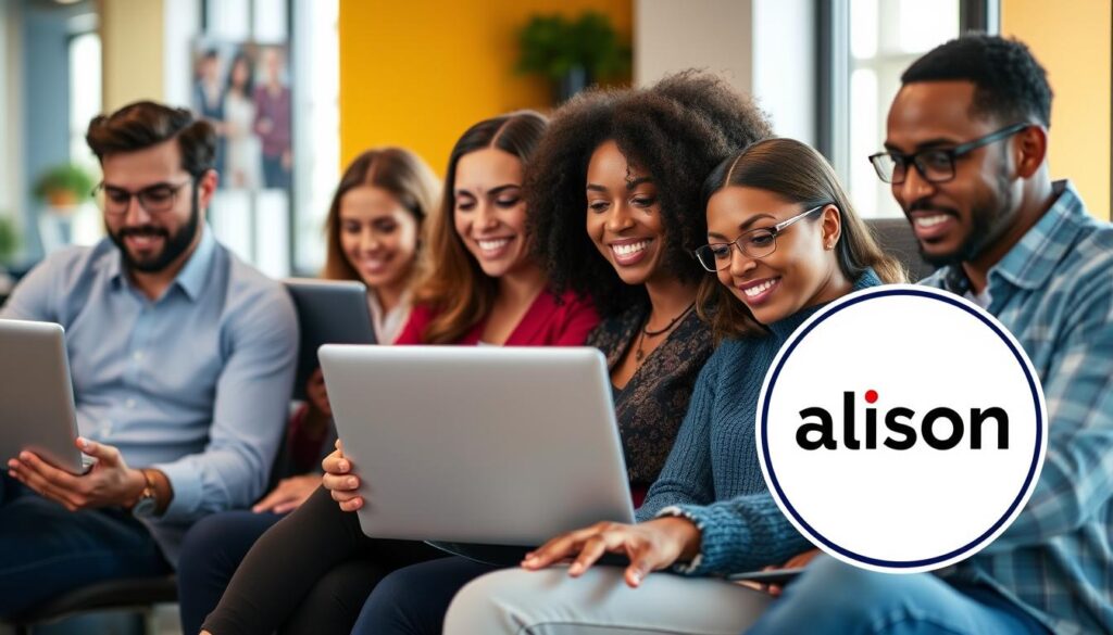 Image generation prompt: A diverse group of professionals engaging with online courses on their laptops, with a prominent Alison logo in the corner.