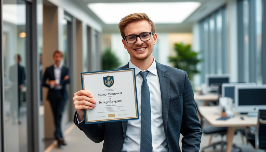 Image of a professional holding a diploma in strategic management