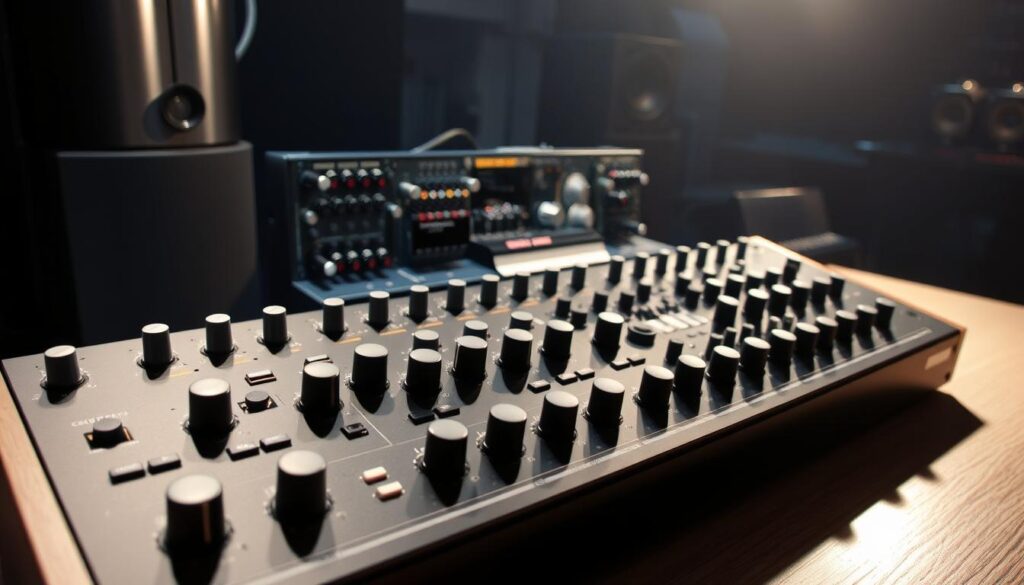 Martinic Audio's oscillator technology, showcasing a sleek and precision-engineered analog synthesizer. In the foreground, a meticulously crafted control panel with knobs, switches, and sliders inviting tactile interaction. The middle ground reveals the inner workings, with a visually striking arrangement of oscillators, filters, and modulation circuits. The background depicts a moody, industrial atmosphere, with soft lighting casting dramatic shadows, emphasizing the technological prowess of this audio marvel. The overall composition conveys a sense of power, complexity, and the relentless pursuit of sonic perfection that defines the Martinic Audio brand.