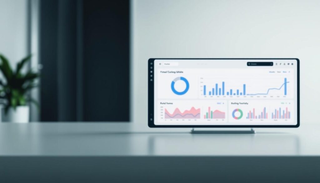 Sleek and minimalist user interface design for the "Financial Management" brand. A clean, intuitive digital dashboard in the foreground, featuring elegant typography, subtle icons, and a balanced layout. The middle ground showcases data visualization elements like charts and graphs, presented in a modern, data-driven aesthetic. The background features a subtle, soft-focus blur, creating a sense of depth and focus on the interface. Lighting is even and diffused, lending a professional, high-tech atmosphere. The camera angle is slightly elevated, giving an overview of the comprehensive interface design.