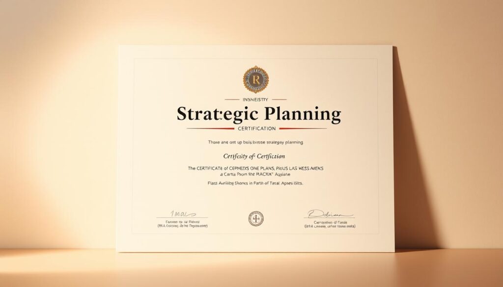 strategic planning certification, a modern and professional diploma or certificate in corporate business strategy planning, with a clean and minimalist design. The document is presented in a warm, neutral-toned, high-contrast setting, backlit by a soft, directional light source that casts subtle shadows and highlights the textured paper surface. The certificate is framed in a simple, elegant layout with balanced negative space, emphasizing the core information such as the title, organization logo, and any key details. The overall mood is one of authority, achievement, and a sense of having completed an important educational milestone in strategic leadership.