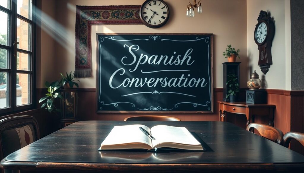 A cozy Spanish-style cafe, sunlight streaming through large windows illuminating a table with a textbook, notebook, and pen. In the background, a chalkboard displays the course title "Spanish Conversation" in elegant cursive. Tasteful decor, including a tapestry, plants, and a vintage clock, create a warm, inviting atmosphere conducive to language learning. The table is set against a neutral, earthy-toned wall, allowing the subject to be the focal point. A sense of tranquility and focus pervades the scene, capturing the essence of an immersive Spanish conversation course.