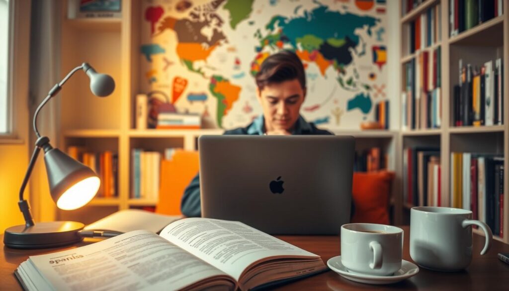 A cozy study nook with warm lighting, a Spanish language textbook open on the desk, a pair of earbuds, and a cup of coffee. In the middle ground, a person intently focused on their laptop, practicing conversational Spanish through an online course. In the background, bookshelves filled with language-learning resources and a vibrant, abstract mural depicting the global diversity of languages. The overall scene conveys a sense of immersion, dedication, and the joy of mastering a new language.