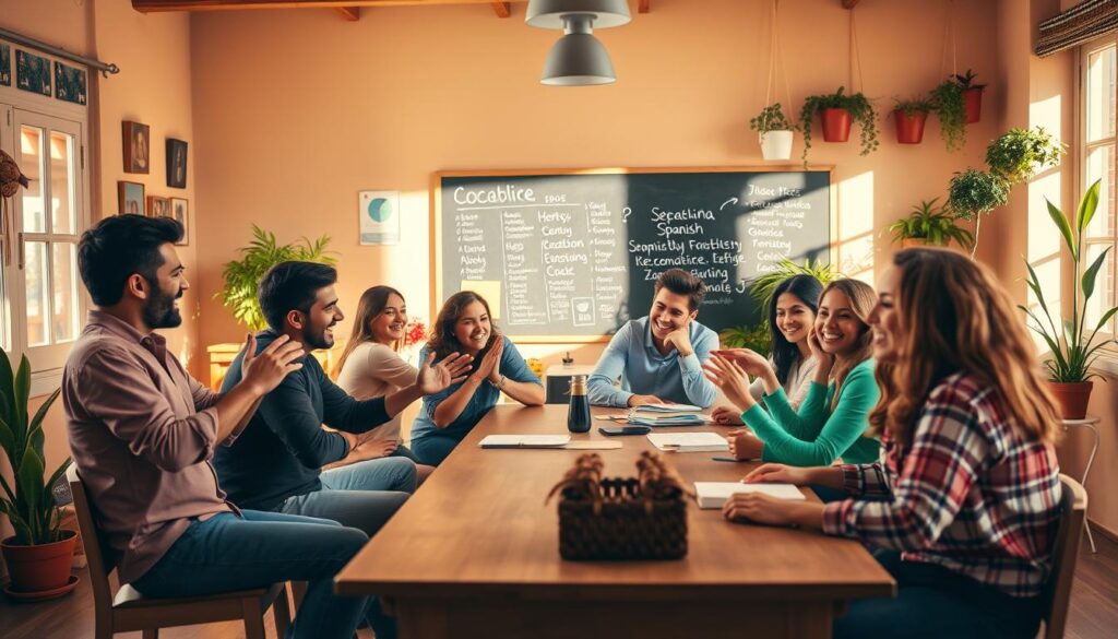 A cozy, sun-drenched classroom with cheerful students engaged in a lively Spanish conversation. The foreground features a group of diverse learners gathered around a wooden table, gesturing animatedly and exchanging phrases in the melodic language. The middle ground showcases a chalkboard filled with vocabulary words and colorful learning materials, while the background depicts warm, earthy tones and potted plants, creating a welcoming, immersive atmosphere for language acquisition. Soft, natural lighting filters in through large windows, illuminating the scene with a sense of comfort and camaraderie. The overall composition conveys the joy and effectiveness of a high-quality Spanish conversation course.