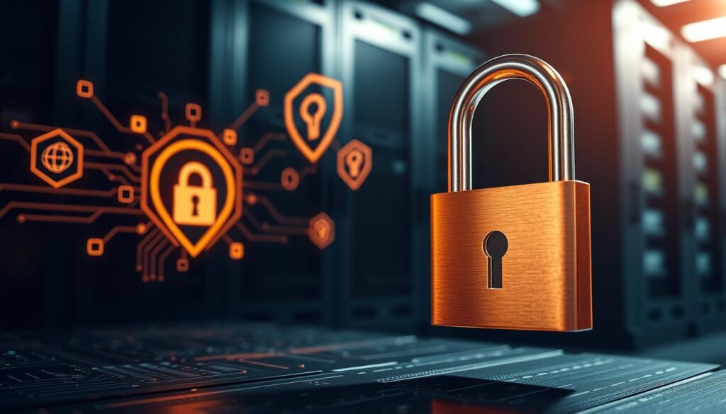 A gleaming metallic padlock dominates the foreground, casting a warm glow under dramatic lighting. Intricate circuit boards and security icons float in the middle ground, symbolizing the technological safeguards protecting a business. In the background, a shadowy data center looms, its servers and cables representing the digital fortress that secures sensitive information. The composition conveys a sense of unwavering vigilance, where cutting-edge security measures safeguard the success and longevity of an organization.