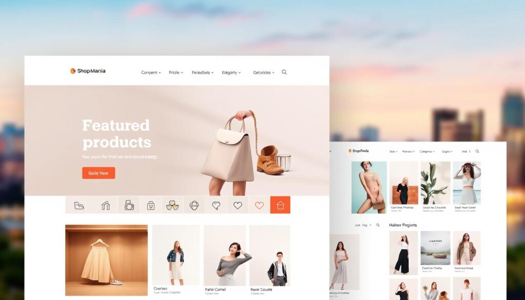 A modern and visually appealing e-commerce website theme with a clean and minimalist design. The storefront features a large hero section showcasing the featured products, with elegant product grid layouts showcasing various categories. The website has a warm, inviting color palette with soft lighting, creating a pleasant shopping experience. The user interface is intuitive and responsive, with smooth transitions and animations. In the background, a blurred cityscape or nature scene provides a serene and tranquil atmosphere, complementing the overall branding and aesthetics of the "Shop Mania Pro" theme.
