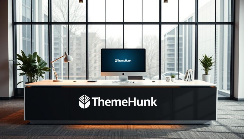 A sleek and modern workspace with a large central desk, showcasing the ThemeHunk logo prominently displayed on the front. The desktop is clean and organized, with a high-resolution monitor, a stylish lamp, and a few carefully placed office supplies. The background features a wall of floor-to-ceiling windows, allowing natural light to flood the space and creating a sense of openness and professionalism. The lighting is warm and inviting, with subtle highlights on the desk and branding elements. The overall composition conveys the ThemeHunk Advantage - a harmonious blend of creativity, efficiency, and a commitment to exceptional website design.