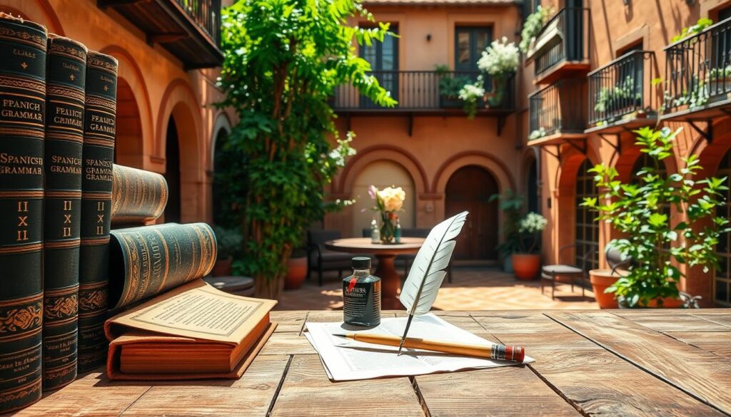 A vibrant and detailed image of "Spanish Grammar" for an article on building sentences in Spanish. The foreground depicts a collection of classic Spanish grammar books, their spines adorned with intricate gold lettering. In the middle ground, a quill pen and ink bottle sit atop a weathered wooden table, evoking the scholarly atmosphere of language study. The background showcases a sun-dappled courtyard, with terracotta tiles, wrought-iron balconies, and lush, verdant foliage - a quintessential Spanish setting. The lighting is warm and inviting, casting soft shadows and highlights that accentuate the textures and colors. The overall mood is one of intellectual curiosity and cultural richness, perfectly capturing the essence of the article's subject matter.