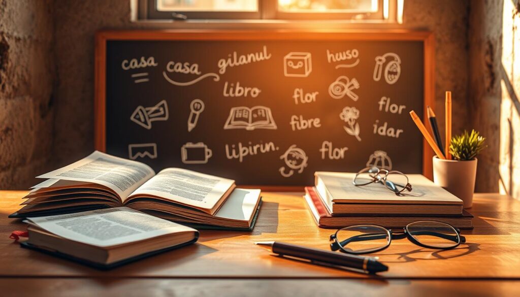 A vibrant still life composition capturing the essence of Spanish grammar nouns. In the foreground, an array of everyday objects - a textbook, a pen, a pair of glasses - arranged with care, casting soft shadows on a warm, wooden tabletop. In the middle ground, a chalkboard with precisely rendered chalked illustrations of common Spanish nouns, such as casa, libro, and flor, against a backdrop of earthy, textured walls. Diffused natural light filters through a window, bathing the scene in a gentle, golden glow, evoking a sense of contemplation and learning. The overall atmosphere is one of academic focus and linguistic exploration, inviting the viewer to engage with the intricacies of the Spanish language.