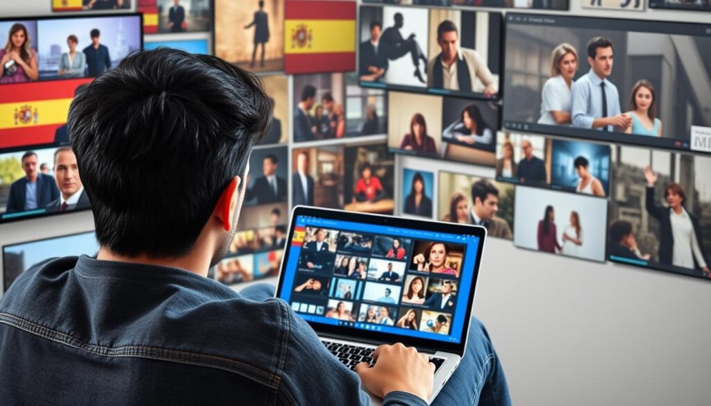 Generate an image of a person learning Spanish on a laptop with FluentU's interface on the screen, surrounded by Spanish media like TV show clips and movie scenes.