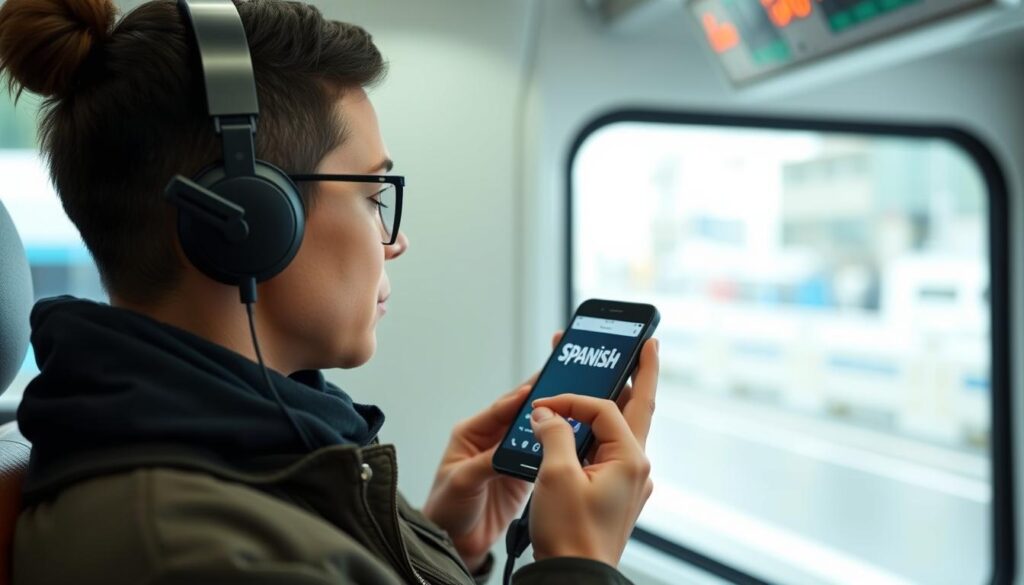 Generate an image of a person listening to a Spanish language course on their phone during their daily commute.