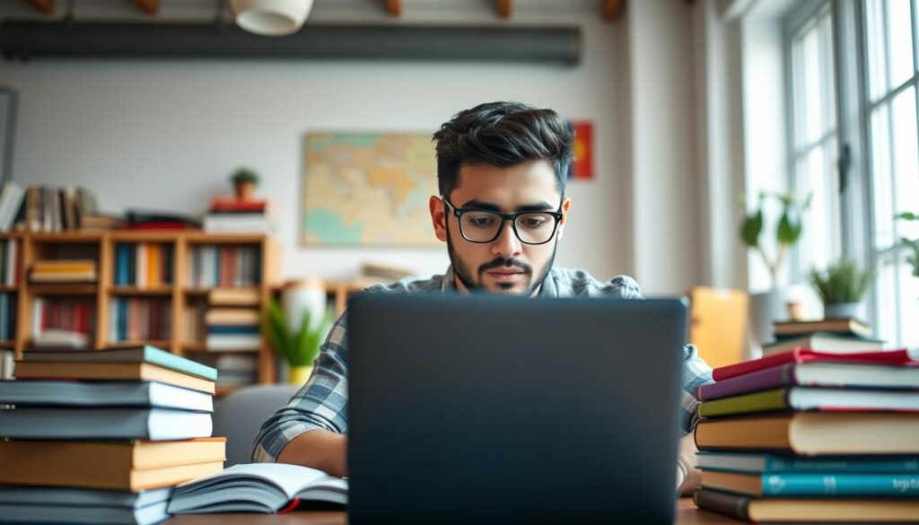 Generate an image of a person quickly learning Spanish on Udemy