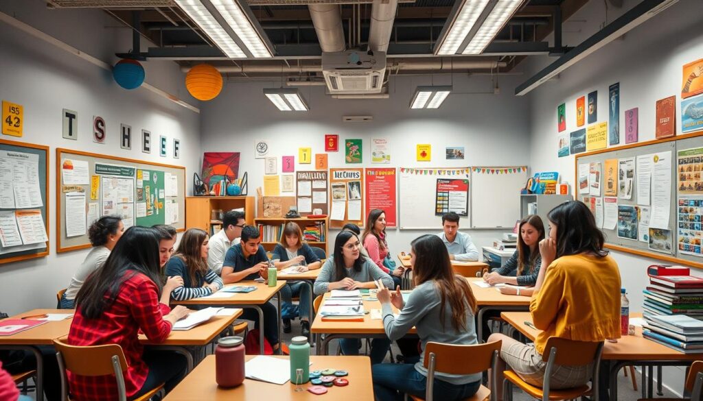 Generate an image of a vibrant classroom in Barcelona with students engaged in a Spanish conversation lesson.