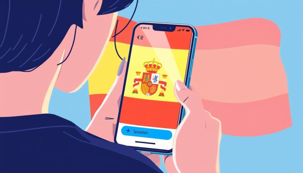 Image of a person using Duolingo on their phone with a Spanish flag in the background.