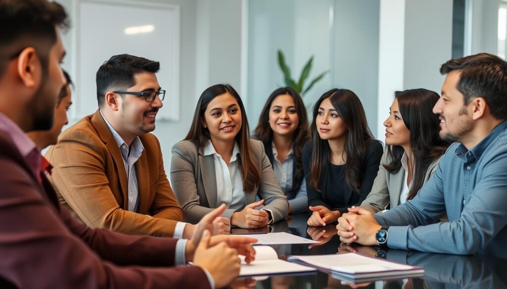 Image of business professionals in a meeting, with Spanish-speaking clients